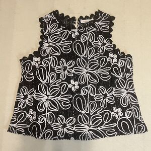 Solitaire Black White Floral Embroidered Tank Top Small S Scalloped Boho Blouse